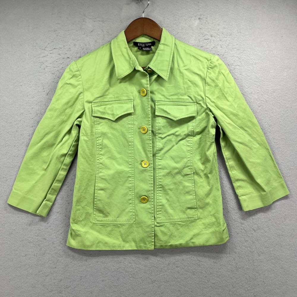 Etcetera Jacket Womens 6 Green Button Up Utility Crop Sleeve Work Coat Stretch